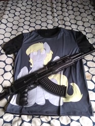 Size: 2448x3264 | Tagged: source needed, safe, artist:fluffyxai, character:derpy hooves, /k/, ak-47, assault rifle, clothing, gun, irl, photo, rifle, shirt, weapon