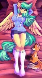 Size: 2207x4047 | Tagged: safe, artist:airiniblock, rcf community, oc, oc only, oc:summer ray, species:anthro, species:fox, species:pegasus, species:plantigrade anthro, species:pony, bed, clothing, commission, looking at you, pillow, plushie, shorts, smiling, solo, toy
