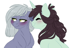 Size: 4500x3038 | Tagged: safe, artist:azure-art-wave, character:limestone pie, character:sprout greenhoof, species:earth pony, species:pony, species:unicorn, blushing, crack shipping, eyes closed, female, las pegasus resident, lesbian, limesprout, limetsun pie, looking away, mare, shipping, simple background, tsundere, white background