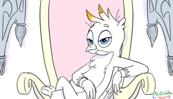 Size: 1184x678 | Tagged: safe, artist:foudubulbe, character:gallus, species:griffon, chest fluff, crossed legs, king gallus, lidded eyes, male, smiling, smug, solo, throne, zero fucks given