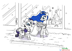 Size: 1040x735 | Tagged: safe, artist:foudubulbe, character:princess luna, character:rarity, species:alicorn, species:pony, species:unicorn, christmas, christmas tree, clothing, holiday, present, saddle bag, snow, tree