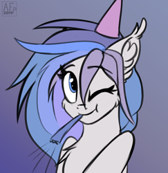 Size: 2932x3014 | Tagged: safe, artist:airfly-pony, rcf community, oc, oc only, species:pony, cheek fluff, chest fluff, clothing, ear fluff, female, hat, mare, noisemaker, one eye closed, party hat, solo, wink