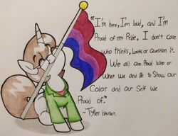 Size: 680x522 | Tagged: safe, artist:paper view of butts, oc, oc:paper butt, species:pony, species:unicorn, bisexual pride flag, clothing, colored, colored pencil drawing, cute, female, flag, glasses, horn, jacket, male, mare, mouth hold, ocbetes, pride, pride flag, pride month, pride ponies, solo, speech, stallion, traditional art