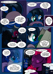 Size: 2480x3508 | Tagged: safe, artist:dsana, character:fizzlepop berrytwist, character:tempest shadow, oc, oc:lullaby dusk, species:pegasus, species:pony, species:unicorn, comic:a storm's lullaby, broken horn, comic, dialogue, duo, eye scar, female, filly, heterochromia, horn, hotel room, map, mare, questionable series, scar, semi-grimdark series