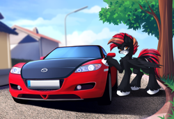 Size: 3144x2160 | Tagged: safe, artist:airiniblock, rcf community, oc, oc only, oc:dw190, species:alicorn, species:pony, alicorn oc, building, car, commission, high res, house, male, mazda rx8, red and black oc, solo, unshorn fetlocks, vehicle