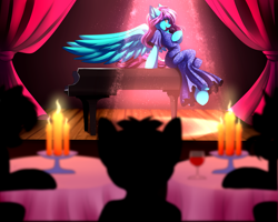 Size: 5555x4444 | Tagged: safe, artist:airiniblock, rcf community, oc, oc only, oc:swing time, species:pegasus, species:pony, absurd resolution, audience, big wings, candle, clothing, commission, dress, fire, glass, piano, semi-anthro, silhouette, sitting, spotlight, stage, table, wine glass, wings