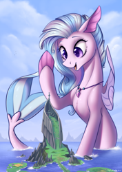 Size: 1500x2122 | Tagged: safe, artist:vincher, character:silverstream, species:seapony (g4), cloud, commission, cute, diastreamies, female, giant hippogriff, giant seapony, giant/macro hippogriff, giantess, gigastream, jewelry, macro, mount aris, necklace, ocean, seapony silverstream, solo, waving