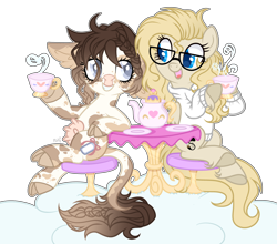 Size: 1280x1128 | Tagged: safe, artist:mintoria, base used, oc, oc only, oc:dusty, oc:prudence, species:pony, clothing, cow pony, cup, female, jacket, mare, table, teacup, udder