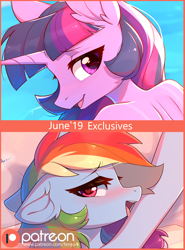 Size: 2082x2809 | Tagged: safe, artist:fensu-san, character:rainbow dash, character:twilight sparkle, character:twilight sparkle (alicorn), species:alicorn, species:anthro, species:pony, advertisement, anthro with ponies, blushing, cute, heart eyes, looking at you, patreon, patreon logo, paywall content, tanned, tongue out, water, wingding eyes