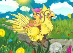 Size: 1018x743 | Tagged: safe, artist:dsana, character:scootaloo, species:pegasus, species:pony, chocobo, crossover, cute, cutealoo, female, filly, final fantasy