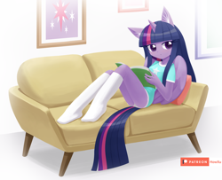 Size: 1200x975 | Tagged: safe, artist:howxu, character:twilight sparkle, character:twilight sparkle (alicorn), species:alicorn, species:anthro, book, clothing, couch, ear fluff, female, oversized clothes, oversized shirt, panties, patreon, patreon logo, shirt, socks, solo, underwear, white underwear