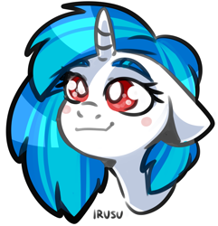 Size: 1931x2004 | Tagged: safe, artist:lrusu, character:dj pon-3, character:vinyl scratch, species:pony, g4, blush sticker, blushing, bust, cute, female, floppy ears, portrait, simple background, solo, vinylbetes, white background