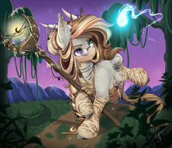 Size: 1920x1661 | Tagged: safe, artist:pvrii, oc, oc only, oc:astrid, species:pony, body freckles, chest fluff, coat markings, commission, crescent moon, ear fluff, ear piercing, female, freckles, glasses, glow, grass, heterochromia, horns, jewelry, leonine tail, long mane, magic, mare, moon, mountain, mountain range, necklace, night, original species, path, piercing, plant, solo, staff, stars, swamp, tail, tree, trotting, unshorn fetlocks, wisp