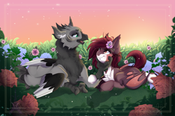 Size: 6071x4000 | Tagged: safe, artist:pvrii, oc, oc only, oc:aether, oc:bramble patch, species:bat pony, species:griffon, species:pony, bat pony oc, bush, chest fluff, couple, duo, ear fluff, female, flower, flower in hair, grass, grass field, griffon oc, looking at each other, male, mare, stars, sunset, wings