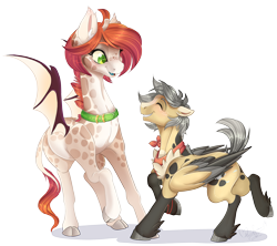 Size: 1024x909 | Tagged: safe, artist:pvrii, oc, oc only, oc:bridgette, oc:silo, species:pegasus, species:pony, bat wings, bracelet, chest fluff, cloven hooves, collar, dog collar, duo, ear fluff, female, freckles, giraffe, happy, height difference, hybrid, jewelry, leonine tail, looking at each other, male, neckerchief, original species, simple background, size difference, spots, stallion, transparent background, wings
