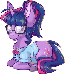Size: 3128x3588 | Tagged: safe, artist:cutepencilcase, character:twilight sparkle, character:twilight sparkle (scitwi), species:pony, species:unicorn, chest fluff, cute, ear fluff, equestria girls outfit, equestria girls ponified, female, glasses, ponyloaf, prone, simple background, transparent background, unicorn sci-twi