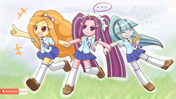 Size: 1920x1080 | Tagged: safe, artist:howxu, character:adagio dazzle, character:aria blaze, character:sonata dusk, my little pony:equestria girls, clothing, cute, eyes closed, female, food, miniskirt, pigtails, pleated skirt, ponytail, school uniform, shoes, skirt, socks, taco, the dazzlings, thigh highs, twintails, zettai ryouiki