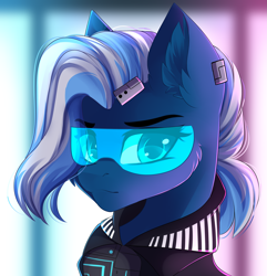 Size: 2939x3047 | Tagged: safe, artist:airiniblock, rcf community, oc, oc only, oc:vivid tone, species:pegasus, species:pony, clothing, commission, ear fluff, futuristic, high res, looking at you, solo, visor, wavy mouth