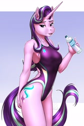 Size: 3800x5700 | Tagged: safe, artist:mykegreywolf, character:starlight glimmer, species:anthro, species:pony, species:unicorn, absurd resolution, breasts, busty starlight glimmer, clothing, female, high-cut clothing, horn, lidded eyes, long horn, looking at you, mare, one-piece swimsuit, open mouth, open-back swimsuit, sexy, signature, solo, sports swimsuit, stupid sexy starlight glimmer, swimsuit, water bottle