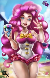 Size: 750x1160 | Tagged: dead source, safe, artist:bunsogen, artist:racoonsan, edit, character:pinkie pie, species:human, g4, my little pony: equestria girls, my little pony:equestria girls, breasts, equestria girls logo, female, geode of sugar bombs, magical geodes, peace sign, solo, trace
