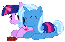 Size: 600x394 | Tagged: safe, artist:the smiling pony, edit, character:trixie, character:twilight sparkle, character:twilight sparkle (alicorn), species:alicorn, species:pony, species:unicorn, ship:twixie, female, lesbian, mare, prone, shipping, simple background, smiling, transparent background