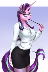 Size: 4000x6000 | Tagged: safe, alternate version, artist:mykegreywolf, character:starlight glimmer, species:anthro, species:pony, species:unicorn, absurd resolution, breasts, busty starlight glimmer, clothing, female, glasses, horn, lidded eyes, long horn, looking at you, mare, miniskirt, open mouth, pantyhose, reading glasses, sexy, shirt, signature, skirt, solo, stupid sexy starlight glimmer, teacher, tube skirt, white shirt