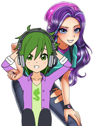 Size: 528x712 | Tagged: safe, artist:php45, artist:racoonsan, edit, character:spike, character:starlight glimmer, species:human, ship:sparlight, my little pony:equestria girls, anime, anime style, beanie, beanie hat, clothing, cute, duo, equestria girls outfit, female, glimmerbetes, hat, headphones, human spike, humanized, hundreds of users filter this tag, kisekae, looking at you, male, shipping, simple background, smiling, spikabetes, straight, torn clothes, transparent background, vector