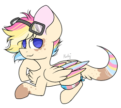Size: 765x682 | Tagged: safe, artist:mintoria, oc, oc:pan, species:pegasus, species:pony, colored wings, goggles, male, multicolored wings, prone, simple background, solo, stallion, transparent background, wings