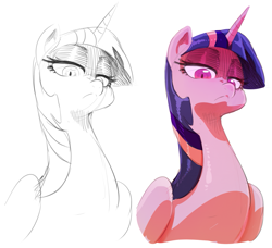 Size: 1199x1094 | Tagged: safe, artist:sunibee, character:twilight sparkle, character:twilight sparkle (alicorn), species:alicorn, species:pony, female, frown, lidded eyes, looking down at you, mare, solo, unamused