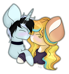 Size: 880x938 | Tagged: safe, artist:mintoria, oc, oc only, oc:sundance, species:pony, species:unicorn, clothing, female, hoodie, kissing, male, mare, simple background, stallion, transparent background