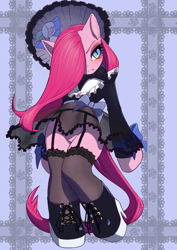 Size: 566x800 | Tagged: safe, artist:unousaya, character:pinkamena diane pie, character:pinkie pie, species:earth pony, species:pony, bipedal, black socks, boots, bow, clothing, female, mare, shoes, socks, solo