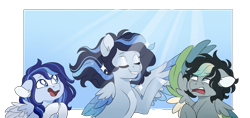 Size: 1024x483 | Tagged: safe, artist:azure-art-wave, oc, oc only, oc:azure, oc:bunny army, oc:satin wing, species:pegasus, species:pony, colored wings, female, mare, multicolored wings, two toned wings, wings