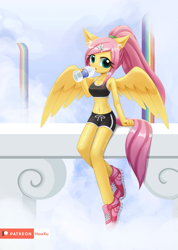 Size: 1200x1688 | Tagged: safe, artist:howxu, character:fluttershy, species:anthro, species:pegasus, species:plantigrade anthro, belly button, clothing, drinking, female, hairclip, looking at you, mare, midriff, patreon, patreon logo, ponytail, shoes, shorts, sitting, sneakers, solo, sports bra, sports shorts, sweat, water bottle