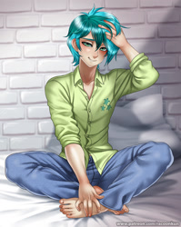 Size: 874x1100 | Tagged: safe, artist:racoonsan, character:sandbar, species:human, anime, barefoot, bedroom eyes, clothing, cute, cutie mark on clothes, feet, green hair, handsome, humanized, jeans, looking at you, male, male feet, older, older sandbar, pants, pretty boy, sandabetes, shirt, signature, sitting, smiling, solo, stupid sexy sandbar, toenails, toes, watermark