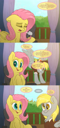 Size: 2800x6000 | Tagged: safe, artist:fluffyxai, character:derpy hooves, character:fluttershy, species:pegasus, species:pony, ship:derpyshy, balcony, blushing, chair, clothing, curtains, dialogue, female, flutterderp, flying, landing, lesbian, mailmare, mailmare uniform, shipping, sigh, smiling, speech, speech bubble, text, tumblr:ask spirit wind, wings