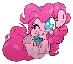 Size: 1744x1532 | Tagged: safe, artist:fluffyxai, character:pinkie pie, species:earth pony, species:pony, chibi, cupcake, cute, diapinkes, eating, eye clipping through hair, female, food, heart, hoof heart, leg fluff, mare, no pupils, one eye closed, simple background, smiling, solo, transparent background, underhoof, wink