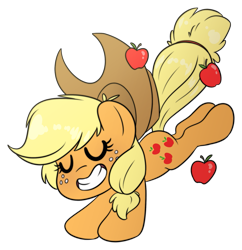 Size: 1841x1901 | Tagged: safe, artist:fluffyxai, part of a set, character:applejack, species:earth pony, species:pony, apple, applebucking, applejack mid tree-buck facing the left with 3 apples falling down, applejack mid tree-buck with 3 apples falling down, bucking, chibi, clothing, cowboy hat, cute, eyes closed, falling, female, food, hat, jackabetes, mare, simple background, smiling, solo, transparent background
