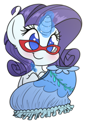 Size: 1296x1873 | Tagged: safe, artist:fluffyxai, character:rarity, species:pony, species:unicorn, chibi, clothing, cute, dress, female, glasses, glowing horn, horn, magic, mare, needle, raribetes, rarity's glasses, sewing, simple background, smiling, solo, transparent background