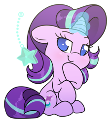 Size: 1536x1710 | Tagged: safe, artist:fluffyxai, character:starlight glimmer, species:pony, species:unicorn, episode:starlight the hypnotist, spoiler:interseason shorts, chibi, cute, female, floppy ears, glimmerbetes, jewelry, magic, mare, no pupils, pendant, raised hoof, simple background, sitting, solo, transparent background