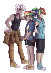 Size: 3507x4960 | Tagged: safe, artist:kikirdcz, character:gilda, character:rainbow dash, oc, oc:rainbow feather, parent:gilda, parent:rainbow dash, parents:gildash, species:human, armpits, clothing, converse, humanized, interspecies offspring, magical lesbian spawn, mom gilda, offspring, shoes, shorts, simple background, sneakers, transparent background, trio