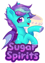 Size: 2203x3038 | Tagged: safe, artist:hawthornss, oc, oc only, oc:sugar spirits, species:bat pony, badge, bat pony oc, blushing, chest fluff, colored hooves, cute, cute little fangs, ear fluff, fangs, looking at you, simple background, smiling, sparkles, text, underhoof, unshorn fetlocks, watermark, white background