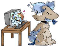 Size: 1010x792 | Tagged: safe, artist:mintoria, oc, oc only, oc:emily, oc:sugar sketch, species:pegasus, species:pony, computer, female, keyboard, mare, simple background, transparent background