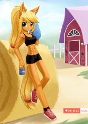 Size: 1200x1688 | Tagged: safe, artist:howxu, character:applejack, species:anthro, species:earth pony, species:plantigrade anthro, abs, armpits, belly button, clothing, female, hay, hay bale, looking at you, mare, midriff, patreon, patreon logo, ponytail, shoes, shorts, sitting, skinny, sneakers, solo, sports bra, sports shorts, sweat, sweet apple acres, water, water bottle