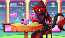 Size: 4333x2545 | Tagged: safe, artist:airiniblock, rcf community, oc, oc only, oc:queen haiku, species:bat pony, species:pony, blurred background, chair, commission, cupcake, digital art, female, food, hybrid, leonine tail, mare, red and black oc, red hair, red mane, red tail, sitting, solo, table, tongue out
