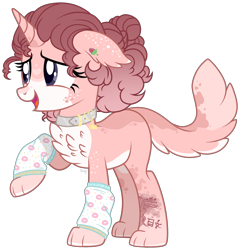 Size: 876x913 | Tagged: safe, artist:mintoria, oc, oc only, oc:strawberry cheesecake, species:pony, species:unicorn, chest fluff, collar, female, hybrid, leg warmers, mare, paws, simple background, solo, transparent background