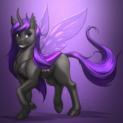 Size: 2375x2375 | Tagged: safe, artist:mykegreywolf, oc, oc only, oc:midnight, species:changeling, species:pony, changeling oc, cloven hooves, commission, cute, high res, hybrid, purple changeling, raised hoof, smiling, solo