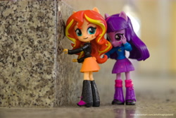 Size: 6016x4012 | Tagged: safe, artist:artofmagicpoland, character:sunset shimmer, character:twilight sparkle, character:twilight sparkle (alicorn), species:alicorn, species:pony, my little pony:equestria girls, attack, behind you, doll, equestria girls minis, eqventures of the minis, female, irl, katowice, patriotic, photo, poland, silesian uprising, toy, train station