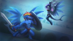 Size: 3500x1969 | Tagged: safe, artist:airfly-pony, rcf community, oc, oc:elpida, oc:wing hurricane (kalharia), species:anthro, universe elepatrium, armpits, clothing, elepatrium, female, fight, gladiator, kalharia, kalharia's wings, male, mixed fighting, original species, partial nudity, shark tail, shield, sword, topless, weapon