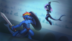 Size: 3500x1969 | Tagged: safe, artist:airfly-pony, rcf community, oc, oc:elpida, oc:wing hurricane (kalharia), species:anthro, universe elepatrium, armpits, clothing, elepatrium, female, fight, gladiator, kalharia, male, mixed fighting, monster mare, original species, partial nudity, shark tail, shield, sword, topless, weapon