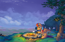 Size: 2550x1650 | Tagged: safe, artist:viwrastupr, oc, oc only, species:pegasus, species:pony, campfire, food, forest, marshmallow, saddle bag, scenery, solo